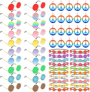 Morcheiong 60 Pcs Hippie Accessory Set Includes Multicolor Daisy Flower Headbands, Round Sunglasses and Peace Sign Necklaces for 60s 70s Party Supplies