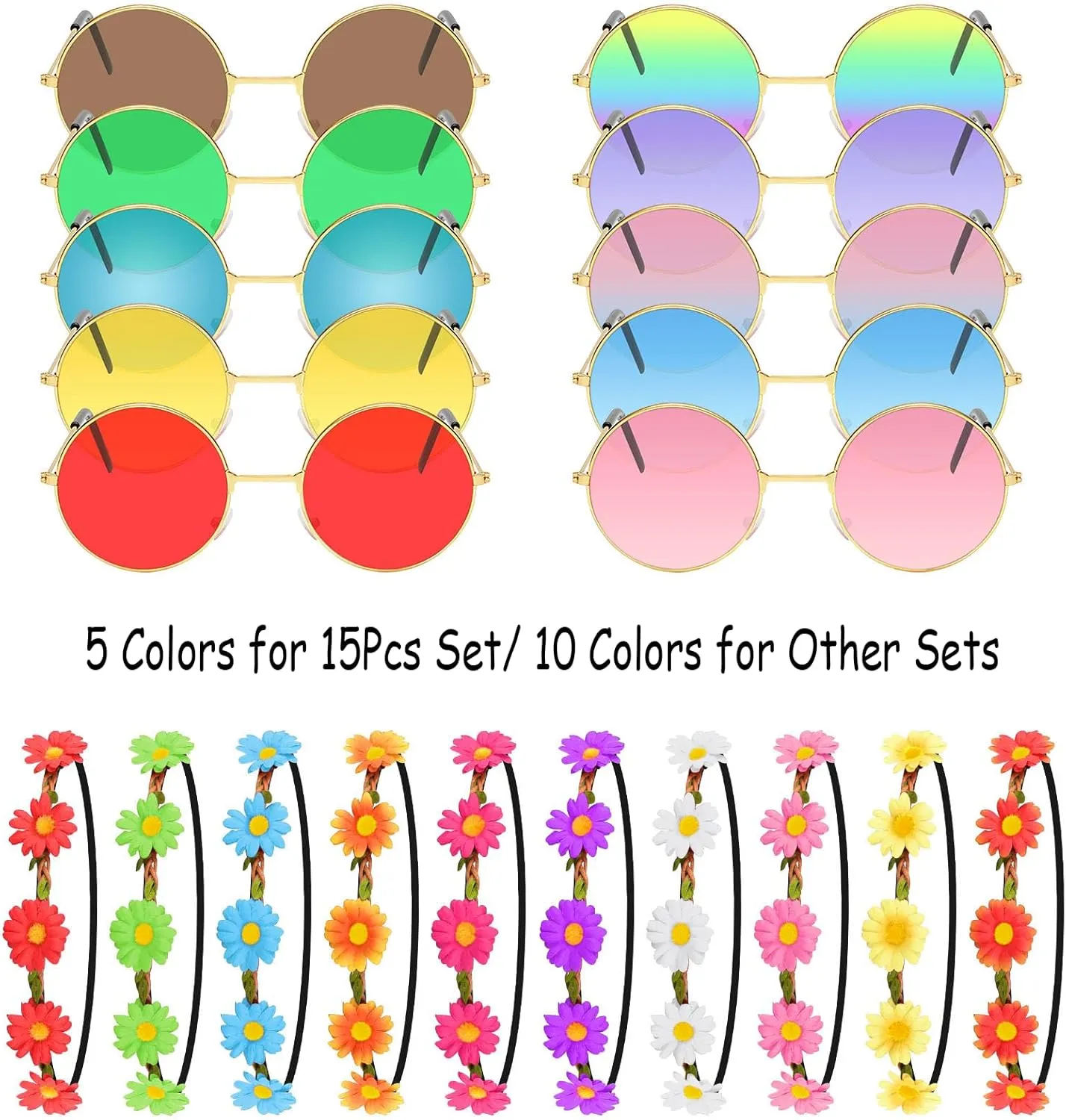 Morcheiong 60 Pcs Hippie Accessory Set Includes Multicolor Daisy Flower Headbands, Round Sunglasses and Peace Sign Necklaces for 60s 70s Party Supplies