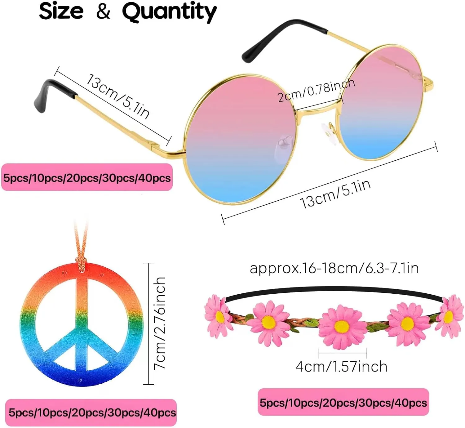 Morcheiong 60 Pcs Hippie Accessory Set Includes Multicolor Daisy Flower Headbands, Round Sunglasses and Peace Sign Necklaces for 60s 70s Party Supplies