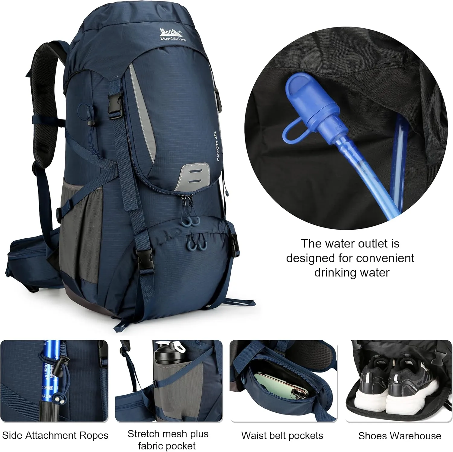 Mountain Land 40L Camping Hiking Backpack with Waterproof Rain Cover Backpacking for Treeking Outdoor Travel Pack Dark Blue