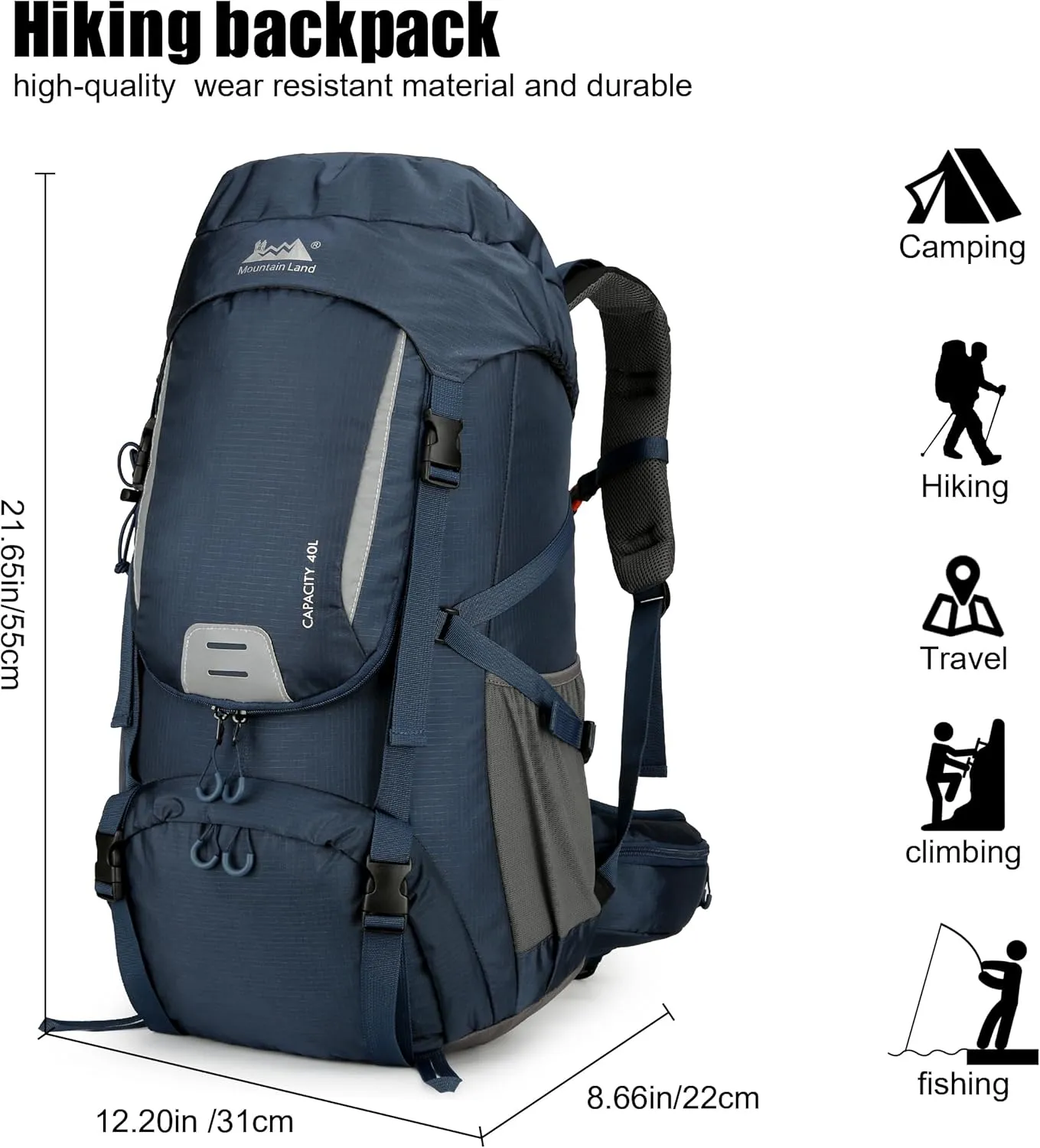 Mountain Land 40L Camping Hiking Backpack with Waterproof Rain Cover Backpacking for Treeking Outdoor Travel Pack Dark Blue