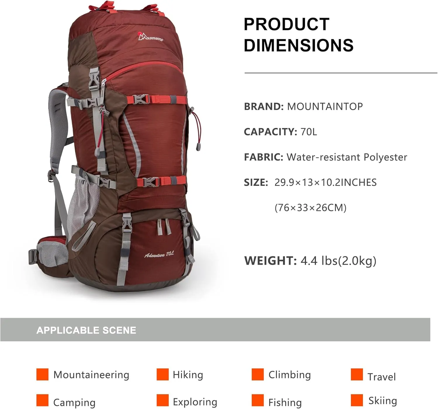 MOUNTAINTOP 70L Internal Frame Backpack Camping Backpacking Hiking Backpack for Men Women with Rain Cover