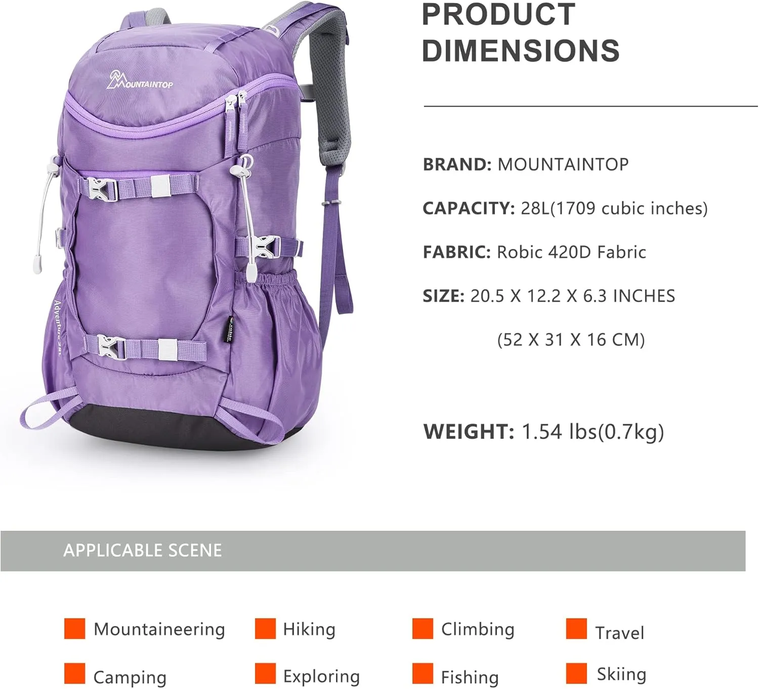 MOUNTAINTOP Small Hiking Backpack 28L Travel Daypack Lightweight for Women for Outdoor Camping, 20.5×12.2×6.3 IN，Purple