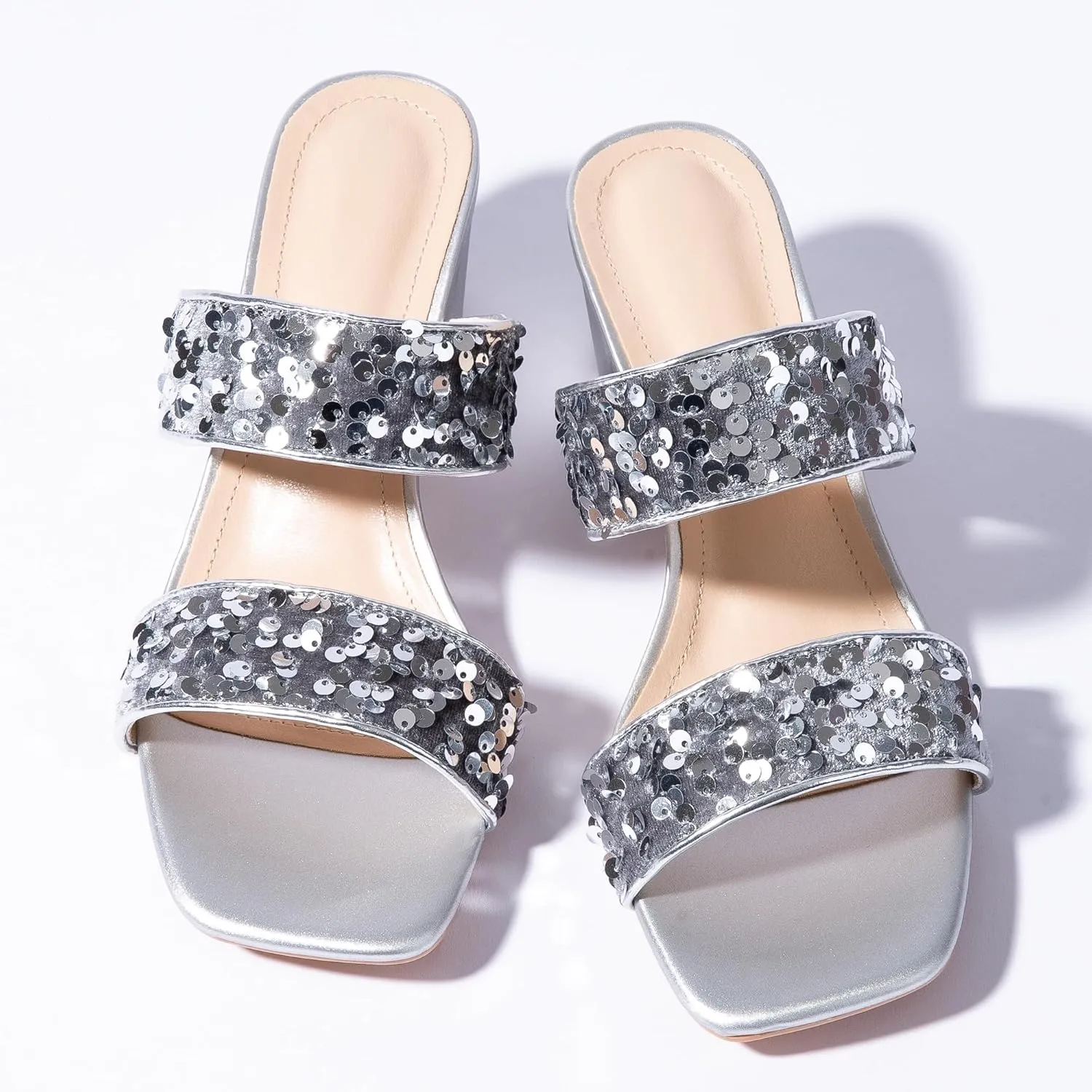 Mtzyoa Womens Heels Sequin Dressy Chunky Low Summer Sparkly Babydoll Glitter Party Concert Dance Disco Square Open Toe Wedding Casual Ladies Trendy Vacation Sandals