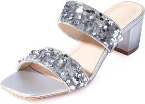 Mtzyoa Womens Heels Sequin Dressy Chunky Low Summer Sparkly Babydoll Glitter Party Concert Dance Disco Square Open Toe Wedding Casual Ladies Trendy Vacation Sandals