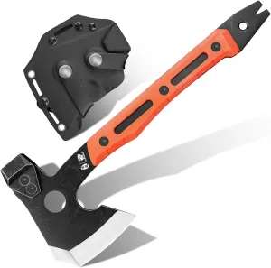Multifunctional Splitting Axe, Full Tang Survival Camping Tactical Wood Hatchet，Camp Bushcraft Hand Axes with Hammer and Nail Puller (Orange)