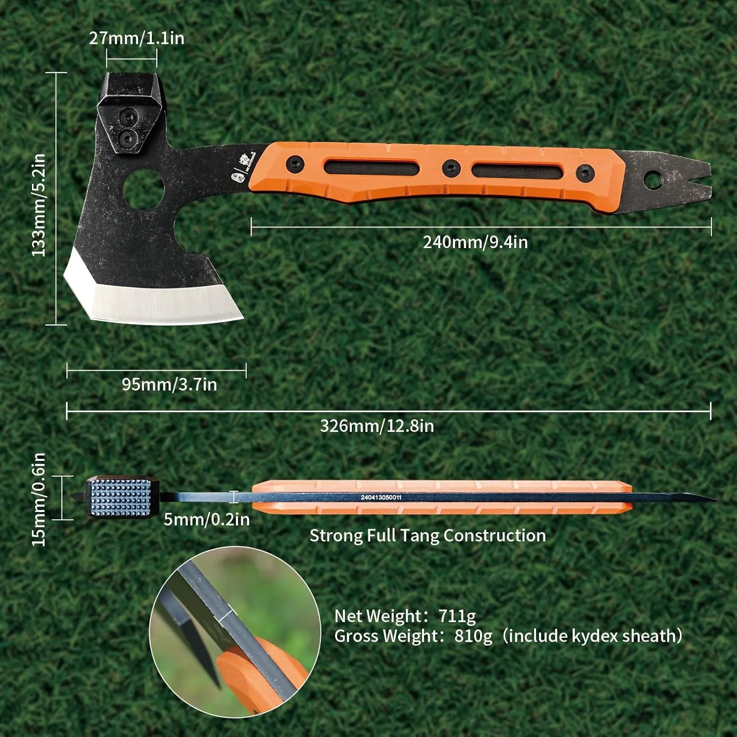 Multifunctional Splitting Axe, Full Tang Survival Camping Tactical Wood Hatchet，Camp Bushcraft Hand Axes with Hammer and Nail Puller (Orange)