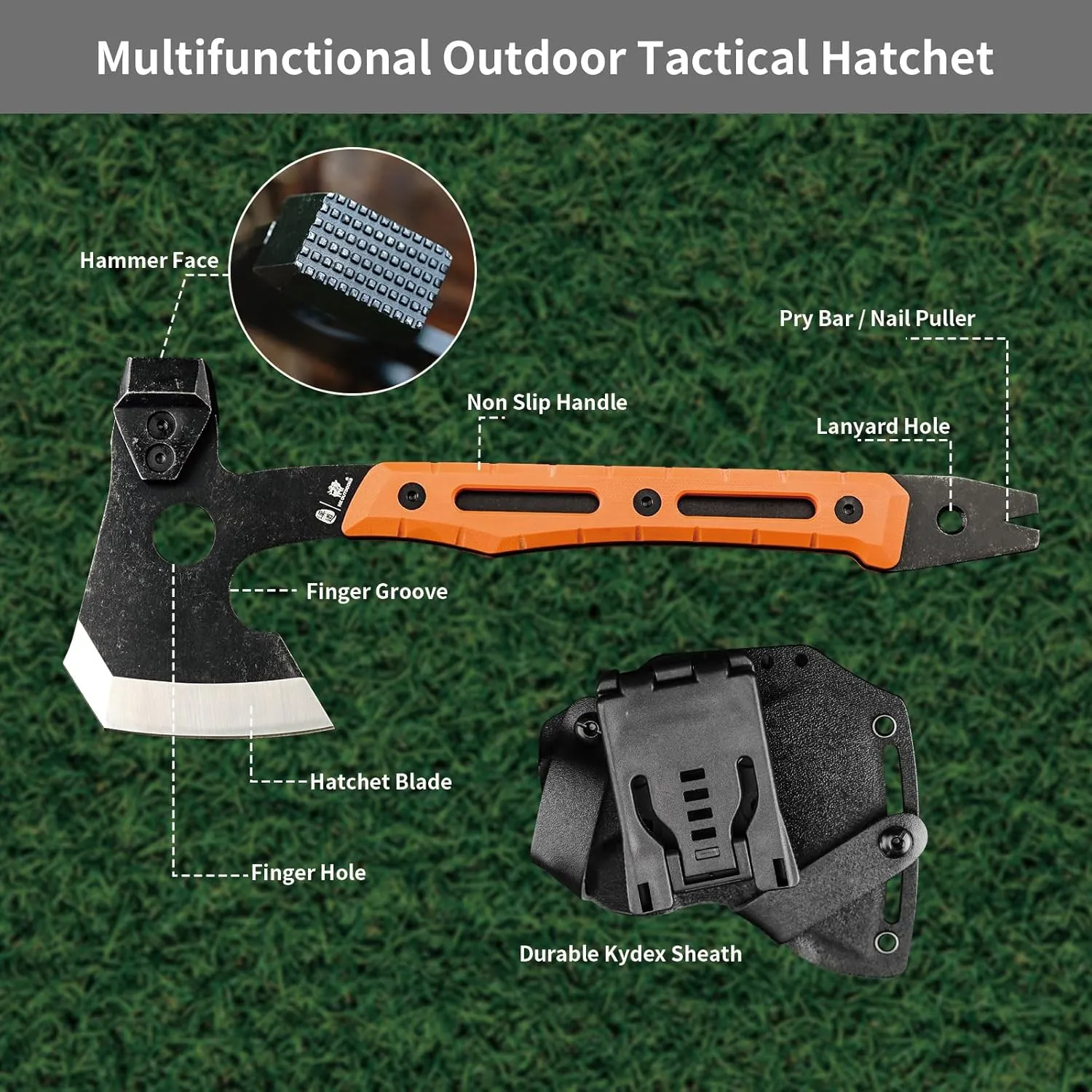 Multifunctional Splitting Axe, Full Tang Survival Camping Tactical Wood Hatchet，Camp Bushcraft Hand Axes with Hammer and Nail Puller (Orange)