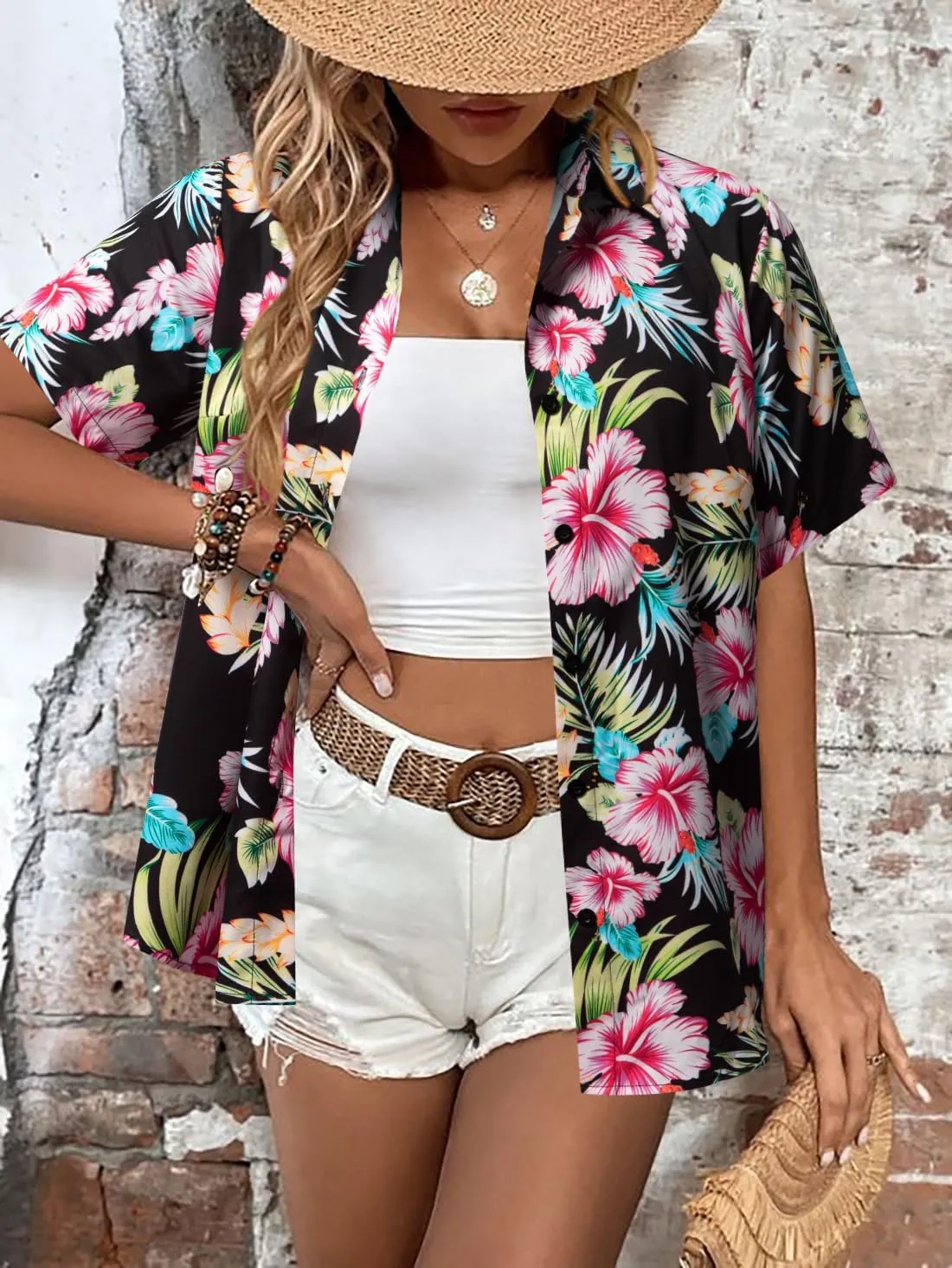 MYHALF Women Hawaiian Shirt Soft Cool Summer Hawaii Shirts Floral Tropic Print V Neck T-Shirt Short Sleeve Button Up Tops