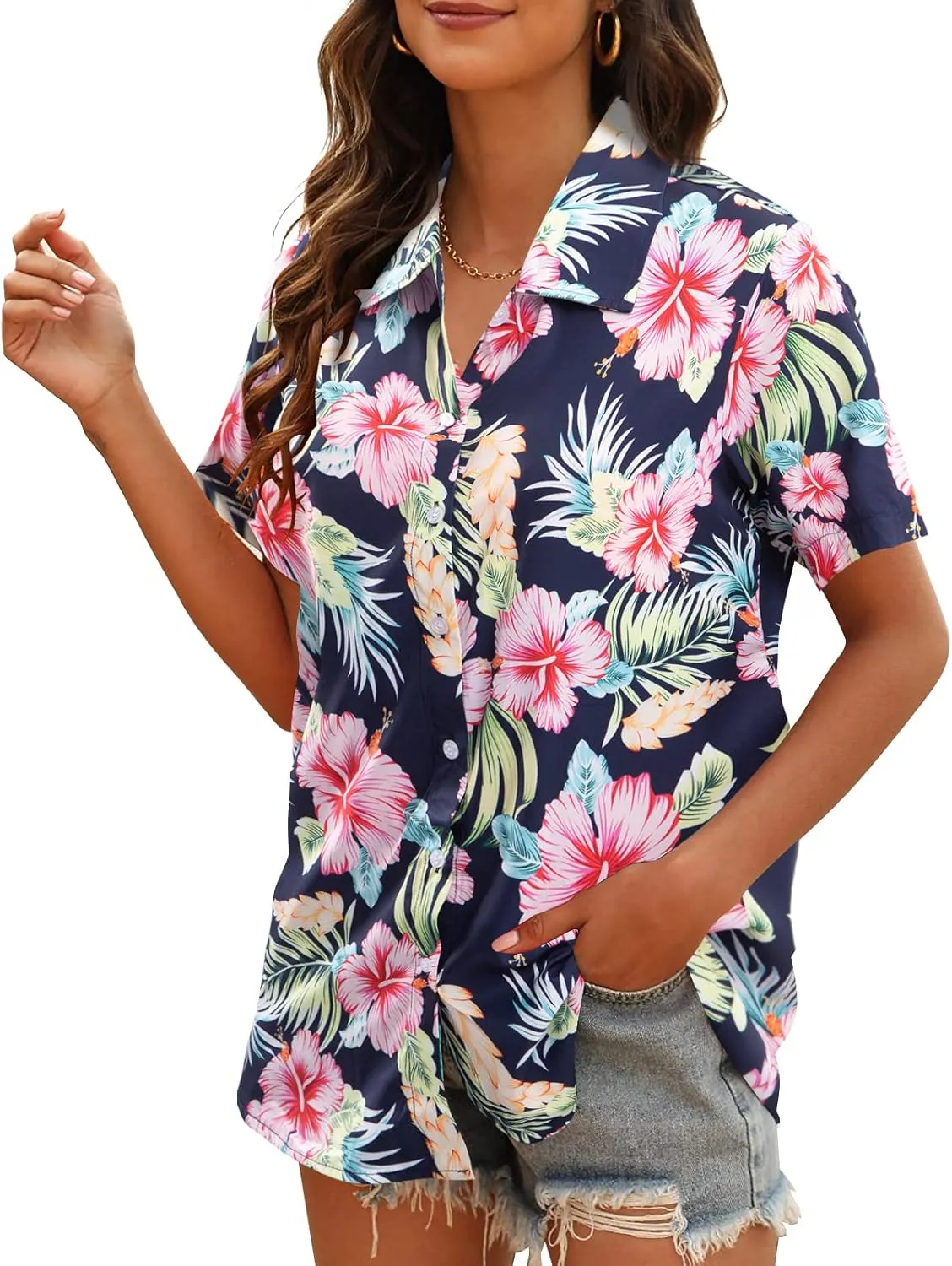MYHALF Women Hawaiian Shirt Soft Cool Summer Hawaii Shirts Floral Tropic Print V Neck T-Shirt Short Sleeve Button Up Tops