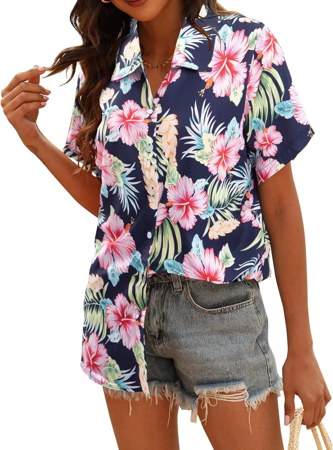 MYHALF Women Hawaiian Shirt Soft Cool Summer Hawaii Shirts Floral Tropic Print V Neck T-Shirt Short Sleeve Button Up Tops