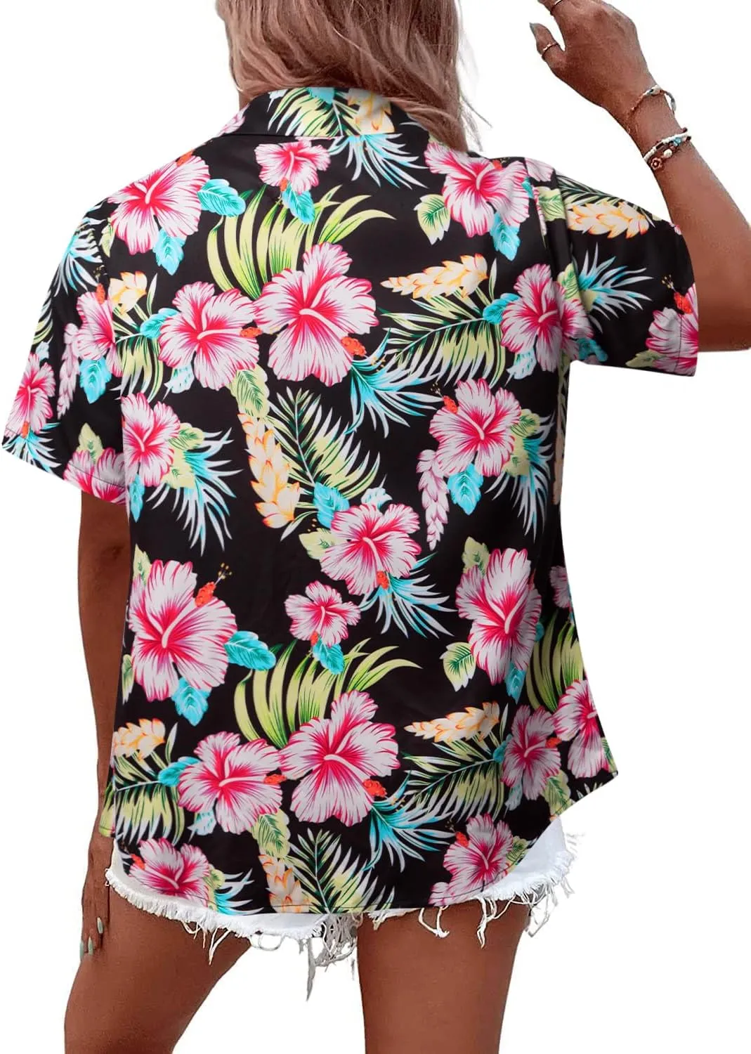MYHALF Women Hawaiian Shirt Soft Cool Summer Hawaii Shirts Floral Tropic Print V Neck T-Shirt Short Sleeve Button Up Tops