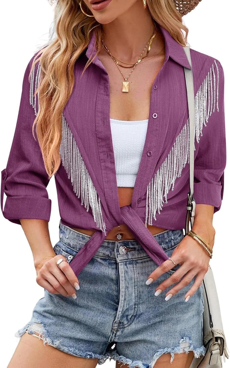 MYMORE Womens Rhinestone Fringe Button Down Shirt Rolled 3/4 Sleeve Sparkly Top Concert Nashville Western Cowgirl Outfit