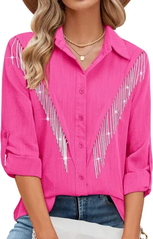 MYMORE Womens Rhinestone Fringe Button Down Shirt Rolled 3/4 Sleeve Sparkly Top Concert Nashville Western Cowgirl Outfit