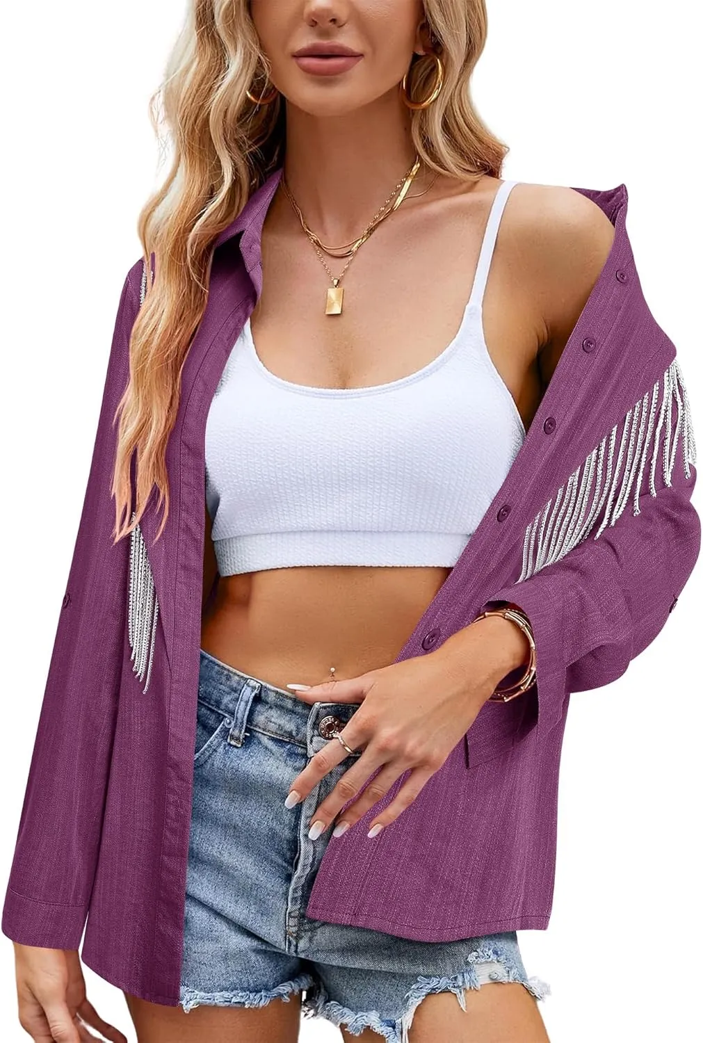 MYMORE Womens Rhinestone Fringe Button Down Shirt Rolled 3/4 Sleeve Sparkly Top Concert Nashville Western Cowgirl Outfit