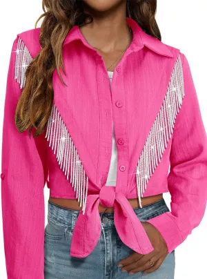 MYMORE Womens Rhinestone Fringe Cropped Button Down Shirt Rolled 3/4 Sleeve Tie Front Top Western Cowgirl Rodeo Outfit