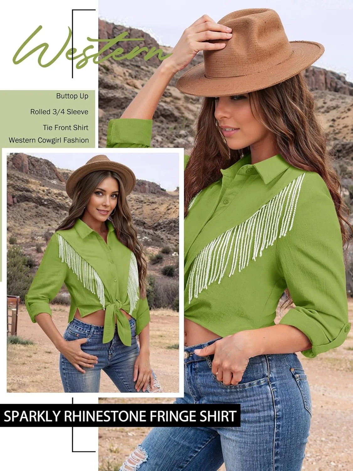 MYMORE Womens Rhinestone Fringe Cropped Button Down Shirt Rolled 3/4 Sleeve Tie Front Top Western Cowgirl Rodeo Outfit