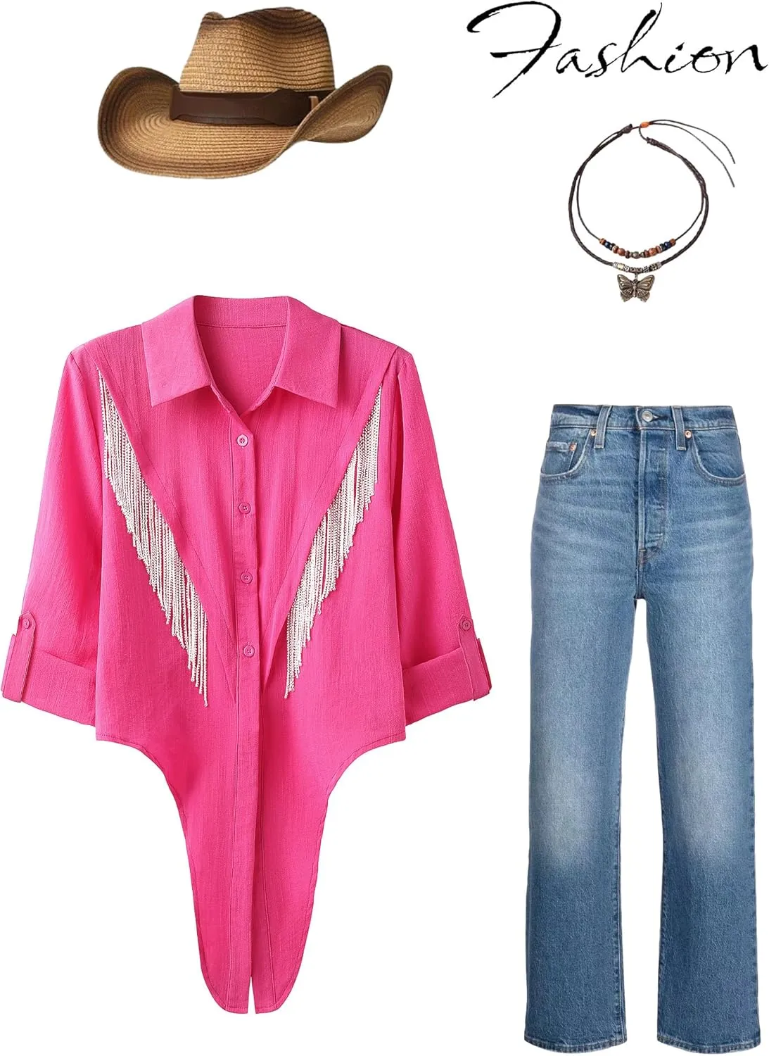 MYMORE Womens Rhinestone Fringe Cropped Button Down Shirt Rolled 3/4 Sleeve Tie Front Top Western Cowgirl Rodeo Outfit