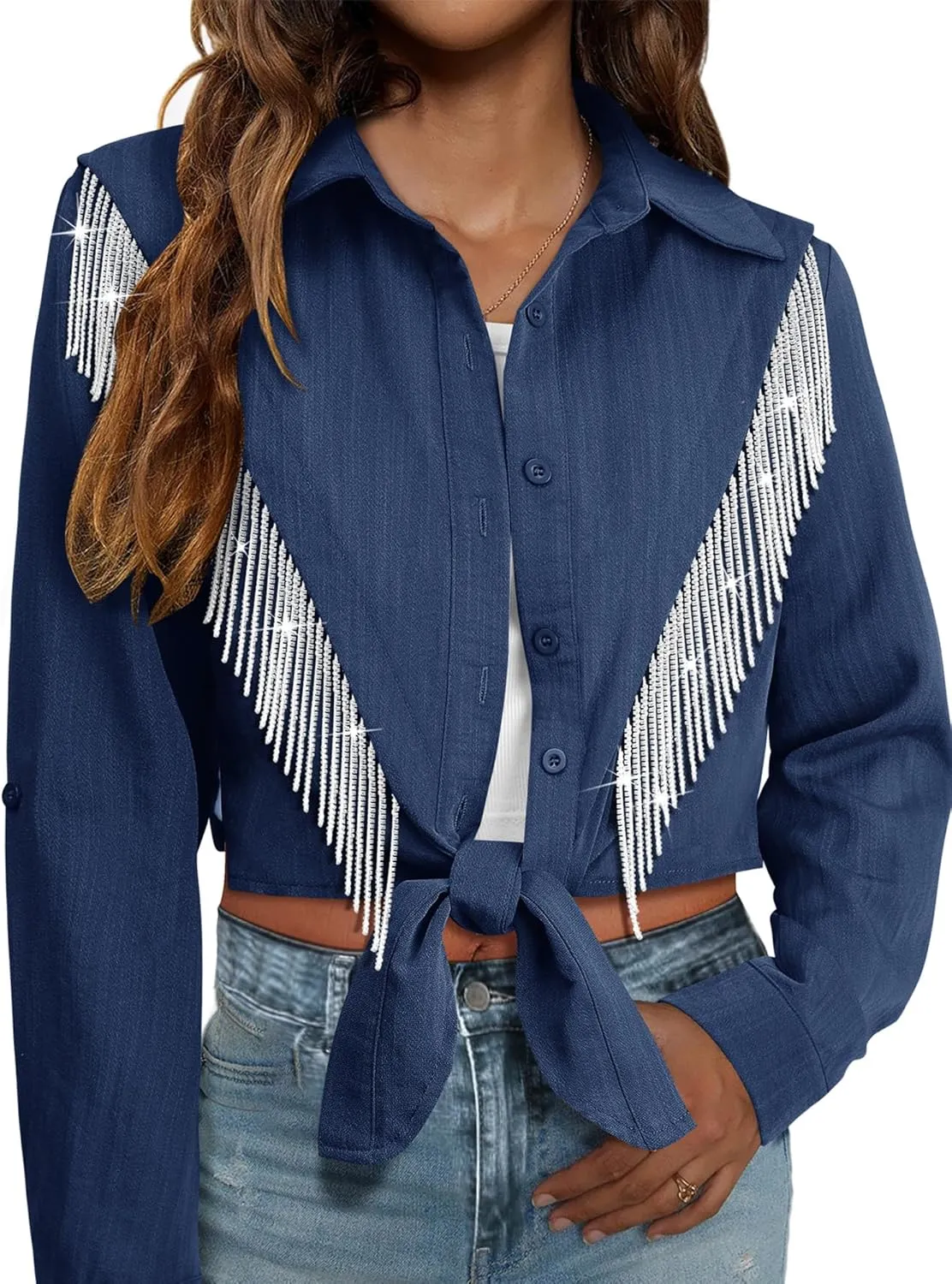 MYMORE Womens Rhinestone Fringe Cropped Button Down Shirt Rolled 3/4 Sleeve Tie Front Top Western Cowgirl Rodeo Outfit