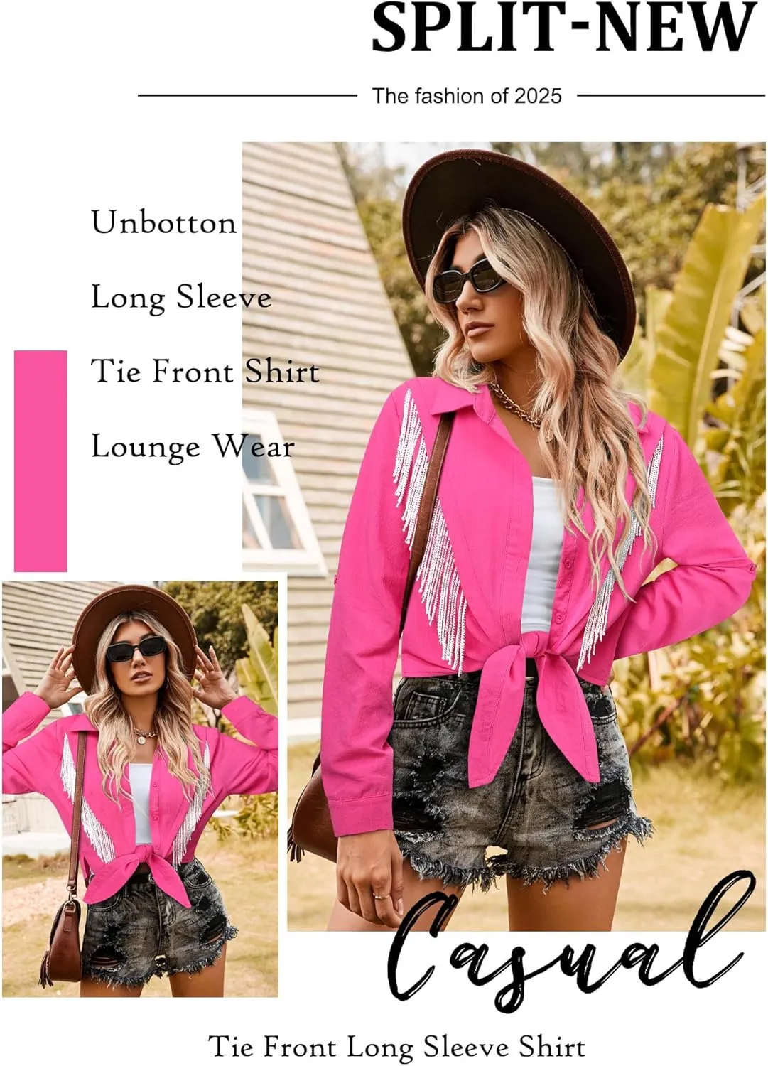 MYMORE Womens Rhinestone Fringe Cropped Button Down Shirt Rolled 3/4 Sleeve Tie Front Top Western Cowgirl Rodeo Outfit
