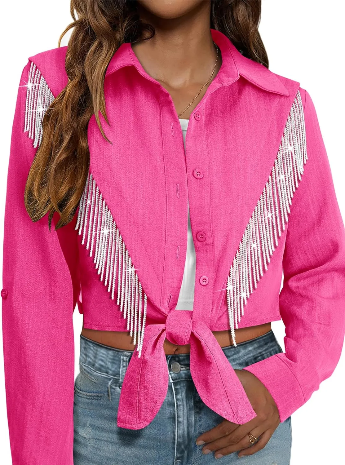 MYMORE Womens Rhinestone Fringe Cropped Button Down Shirt Rolled 3/4 Sleeve Tie Front Top Western Cowgirl Rodeo Outfit