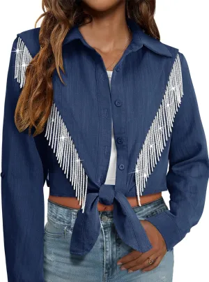 MYMORE Womens Rhinestone Fringe Cropped Button Down Shirt Rolled 3/4 Sleeve Tie Front Top Western Cowgirl Rodeo Outfit