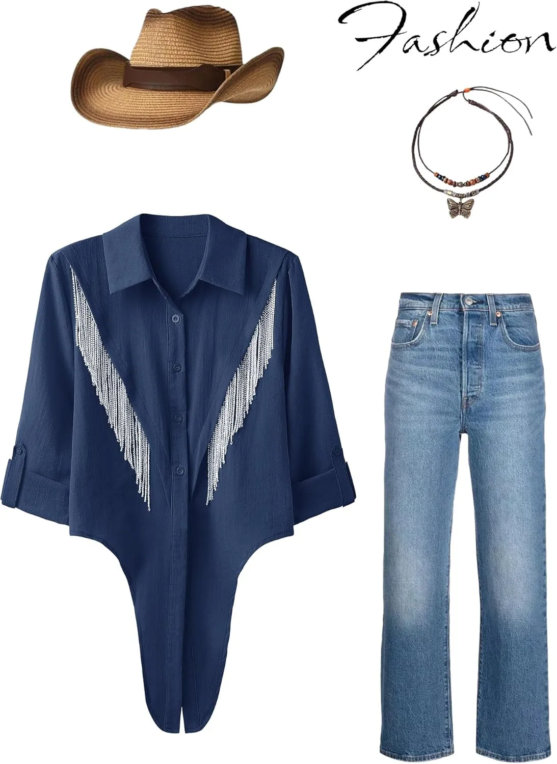 MYMORE Womens Rhinestone Fringe Cropped Button Down Shirt Rolled 3/4 Sleeve Tie Front Top Western Cowgirl Rodeo Outfit