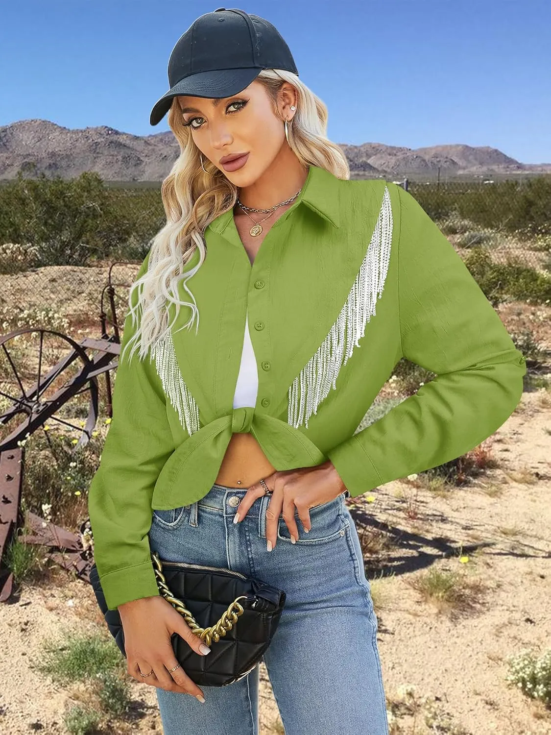 MYMORE Womens Rhinestone Fringe Cropped Button Down Shirt Rolled 3/4 Sleeve Tie Front Top Western Cowgirl Rodeo Outfit