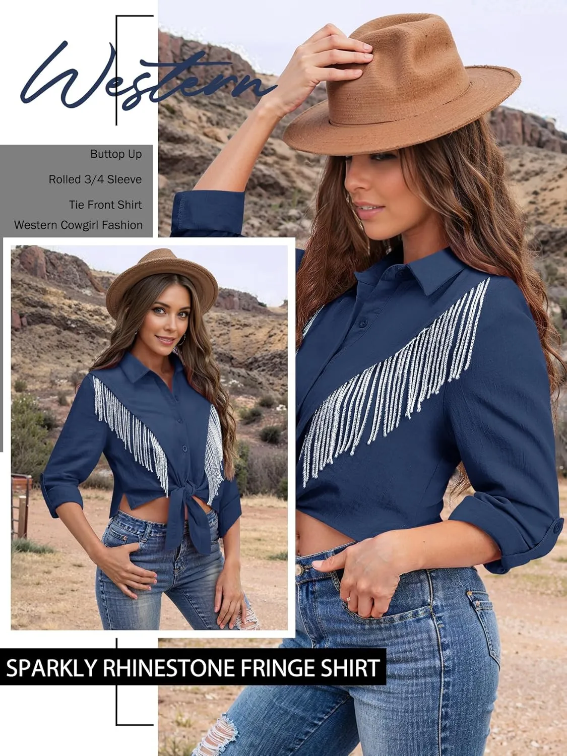 MYMORE Womens Rhinestone Fringe Cropped Button Down Shirt Rolled 3/4 Sleeve Tie Front Top Western Cowgirl Rodeo Outfit