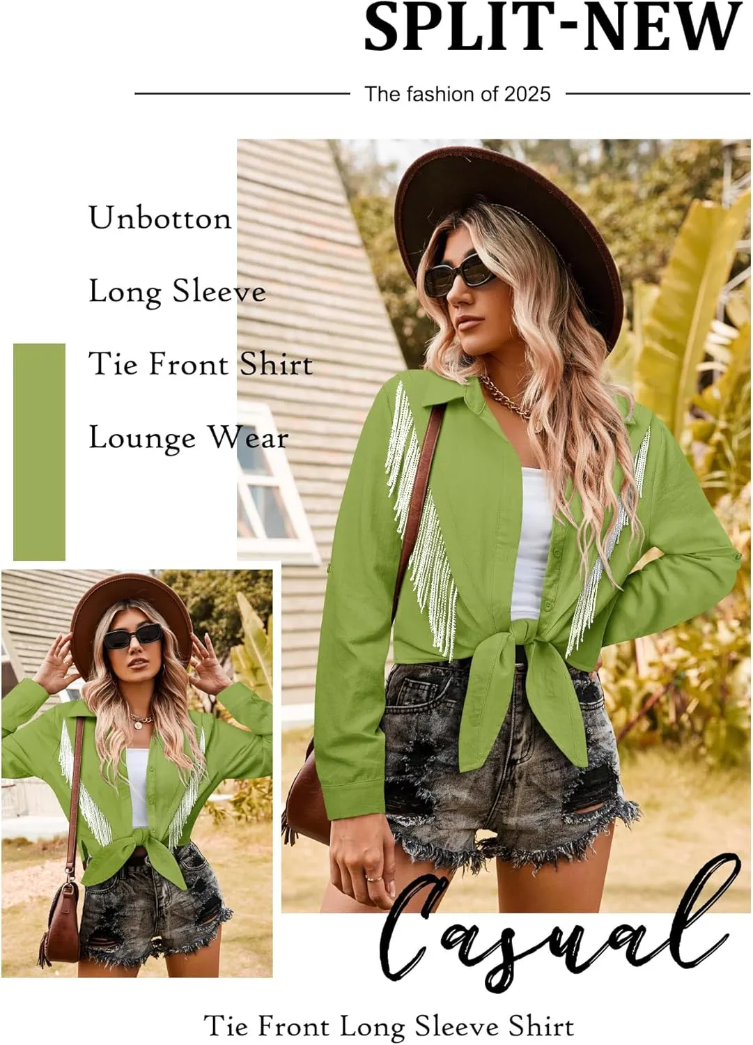 MYMORE Womens Rhinestone Fringe Cropped Button Down Shirt Rolled 3/4 Sleeve Tie Front Top Western Cowgirl Rodeo Outfit