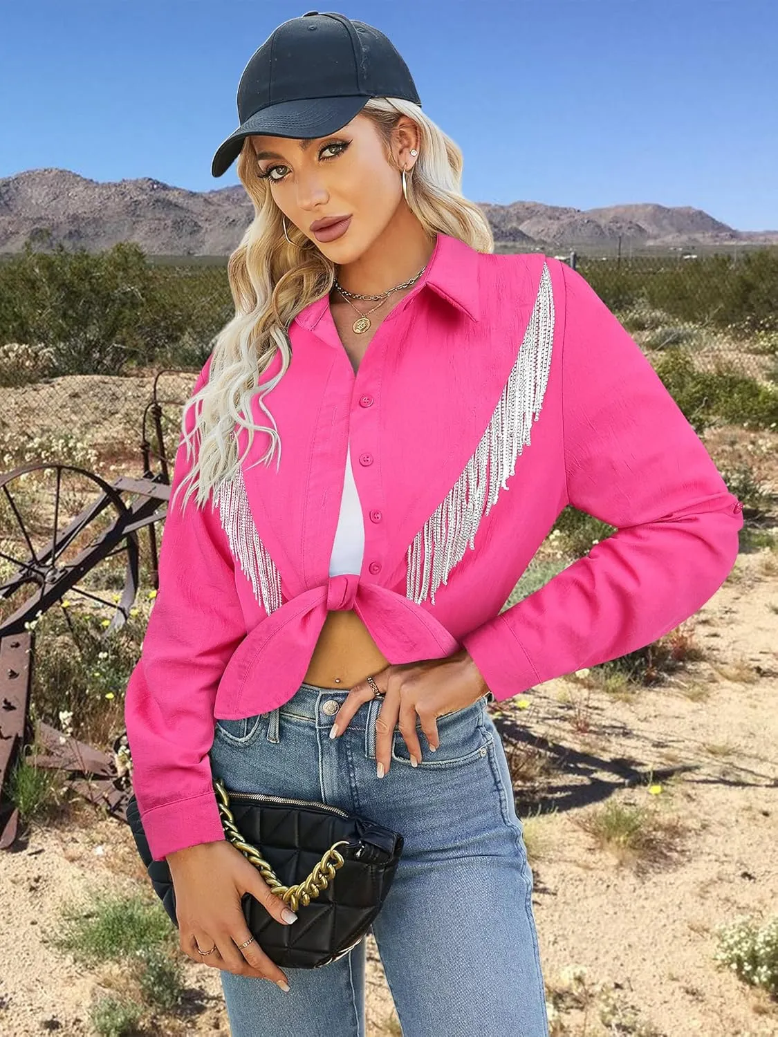 MYMORE Womens Rhinestone Fringe Cropped Button Down Shirt Rolled 3/4 Sleeve Tie Front Top Western Cowgirl Rodeo Outfit