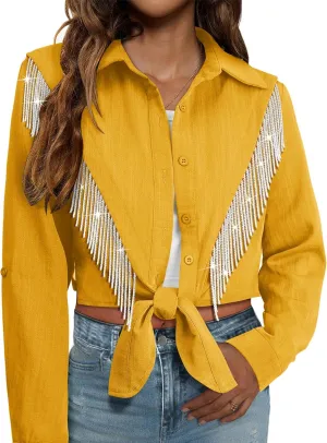 MYMORE Womens Rhinestone Fringe Cropped Button Down Shirt Rolled 3/4 Sleeve Tie Front Top Western Cowgirl Rodeo Outfit