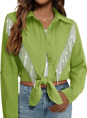 MYMORE Womens Rhinestone Fringe Cropped Button Down Shirt Rolled 3/4 Sleeve Tie Front Top Western Cowgirl Rodeo Outfit