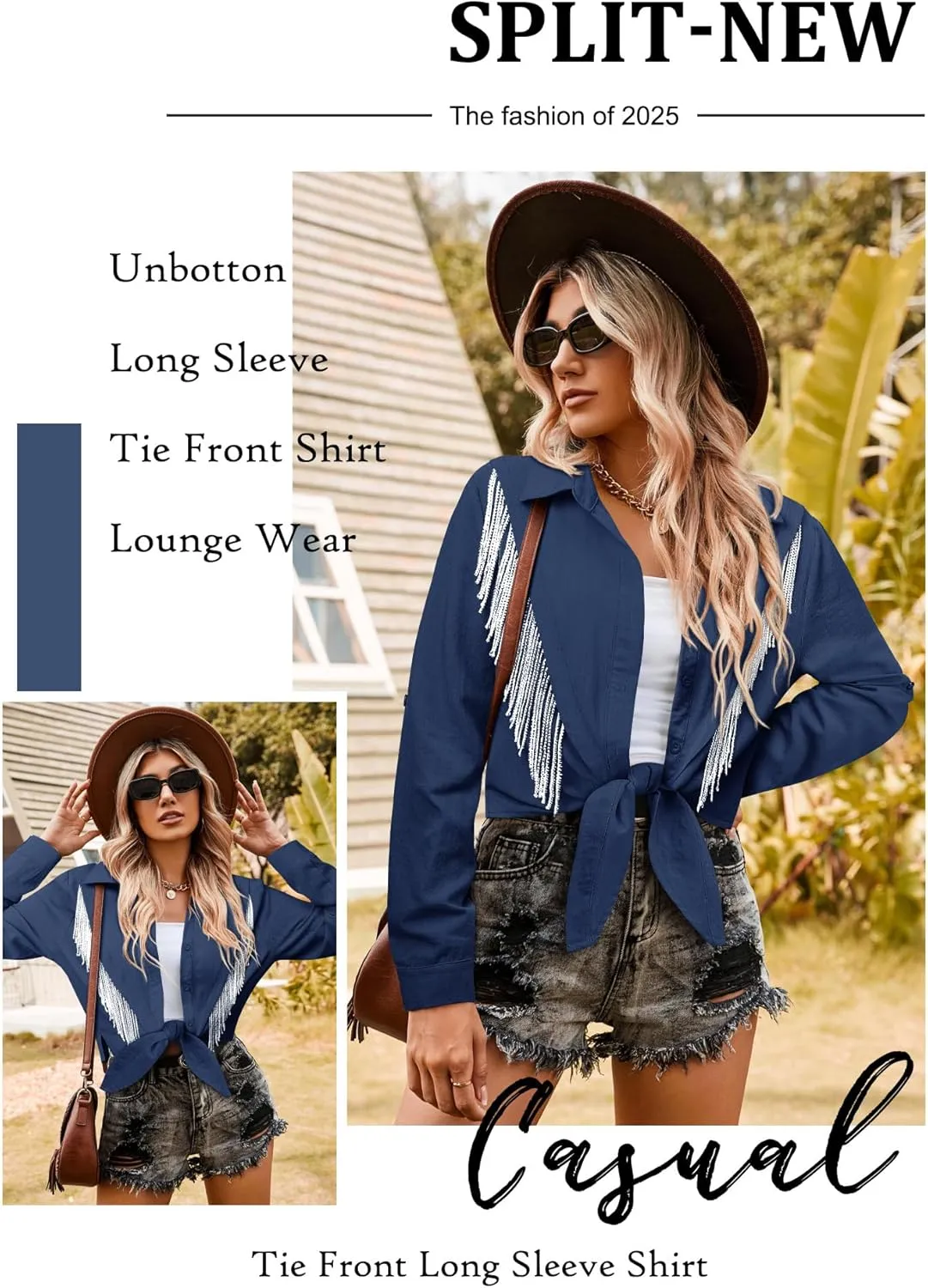 MYMORE Womens Rhinestone Fringe Cropped Button Down Shirt Rolled 3/4 Sleeve Tie Front Top Western Cowgirl Rodeo Outfit
