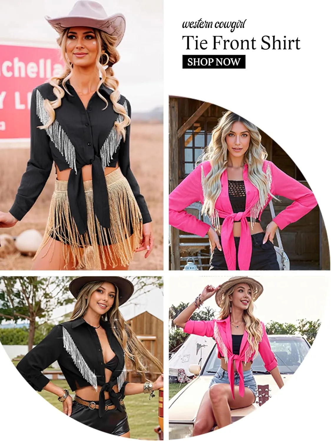 MYMORE Womens Rhinestone Fringe Cropped Button Down Shirt Rolled 3/4 Sleeve Tie Front Top Western Cowgirl Rodeo Outfit