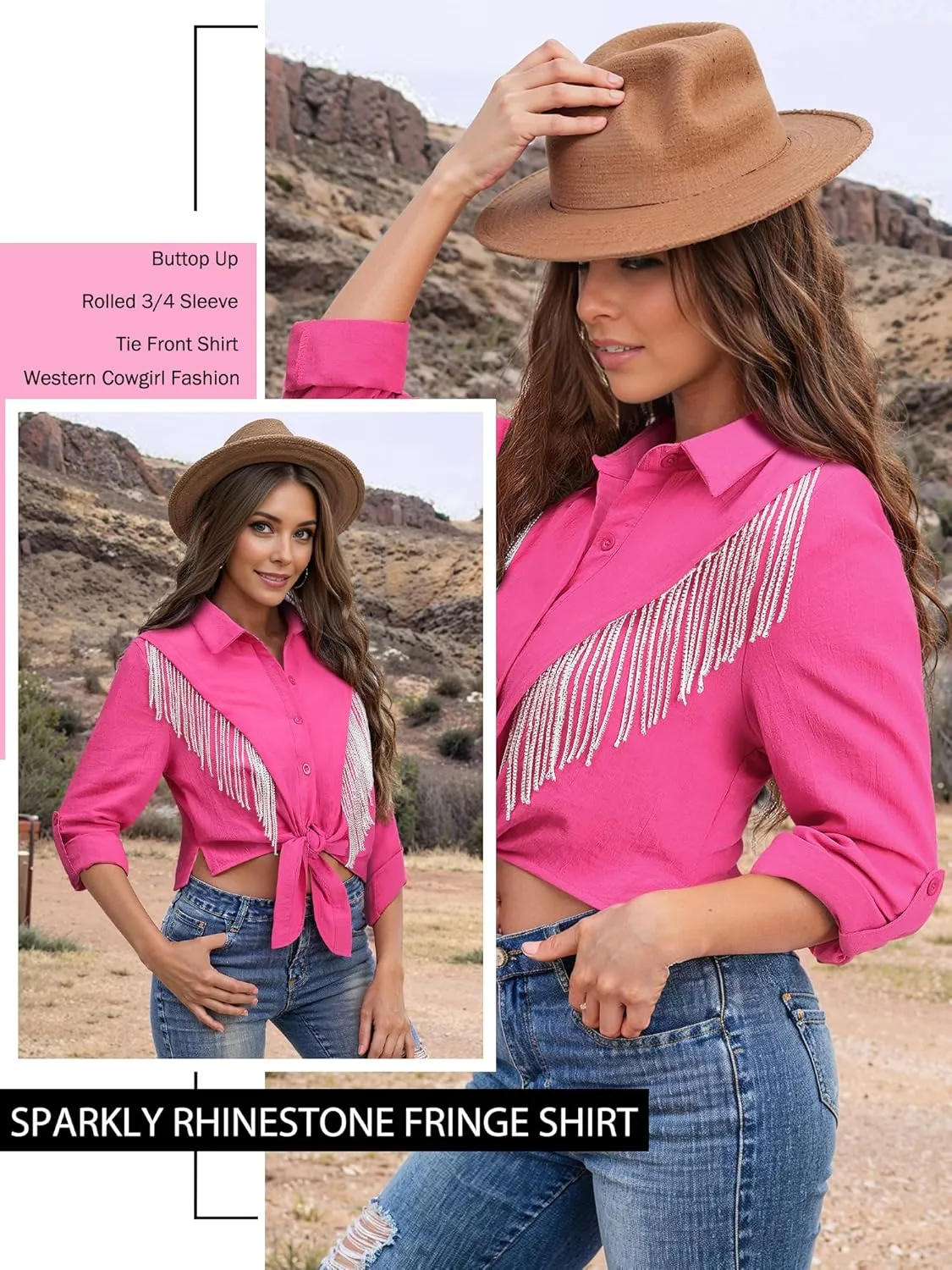 MYMORE Womens Rhinestone Fringe Cropped Button Down Shirt Rolled 3/4 Sleeve Tie Front Top Western Cowgirl Rodeo Outfit