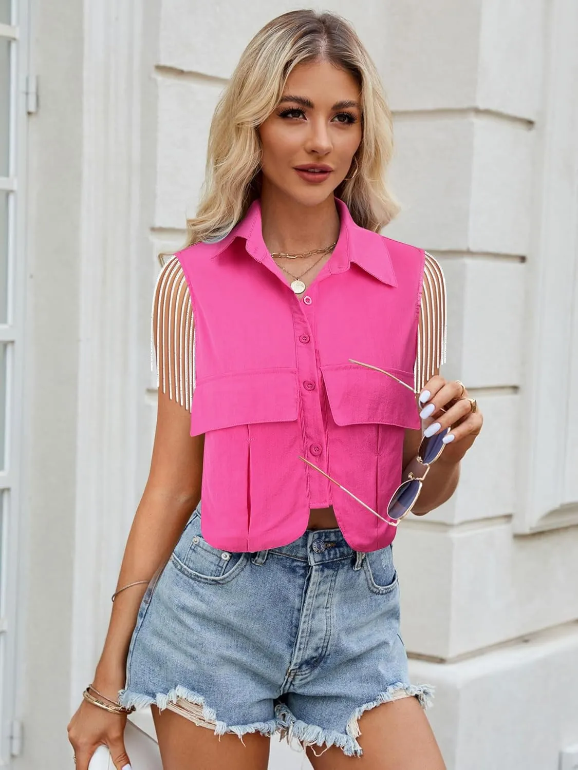 MYMORE Womens Sleeveless Rhinestone Fringe Cropped Button Down Shirt Vest Sparkly Western Country Concert Outfit with Pockets