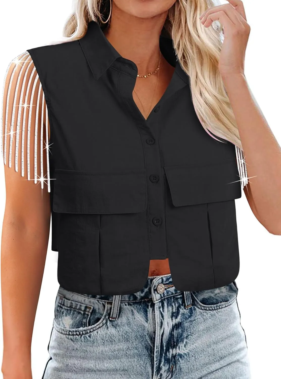 MYMORE Womens Sleeveless Rhinestone Fringe Cropped Button Down Shirt Vest Sparkly Western Country Concert Outfit with Pockets