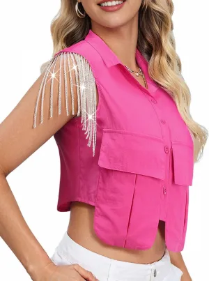 MYMORE Womens Sleeveless Rhinestone Fringe Cropped Button Down Shirt Vest Sparkly Western Country Concert Outfit with Pockets