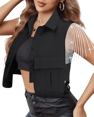 MYMORE Womens Sleeveless Rhinestone Fringe Cropped Button Down Shirt Vest Sparkly Western Country Concert Outfit with Pockets