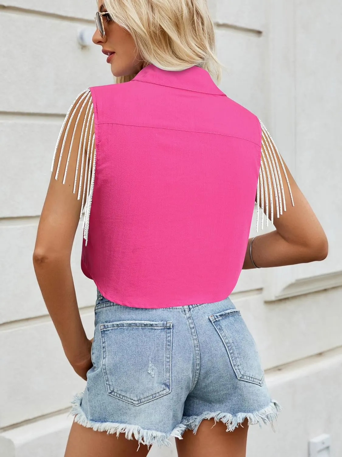 MYMORE Womens Sleeveless Rhinestone Fringe Cropped Button Down Shirt Vest Sparkly Western Country Concert Outfit with Pockets