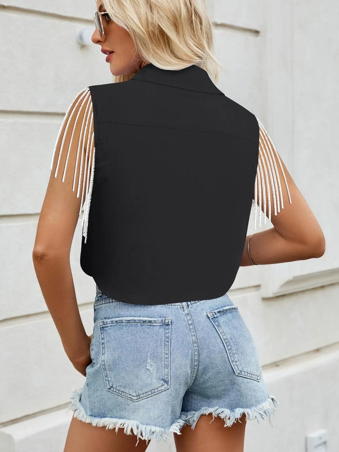 MYMORE Womens Sleeveless Rhinestone Fringe Cropped Button Down Shirt Vest Sparkly Western Country Concert Outfit with Pockets