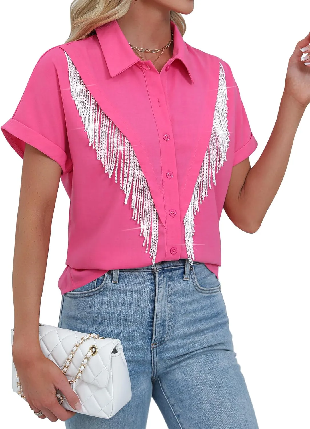 MYMORE Women's Western Cowgirl Rhinestone Fringe Button Down Shirt Rolled Cuffed Short Sleeve Shirt Country Concert Outfit