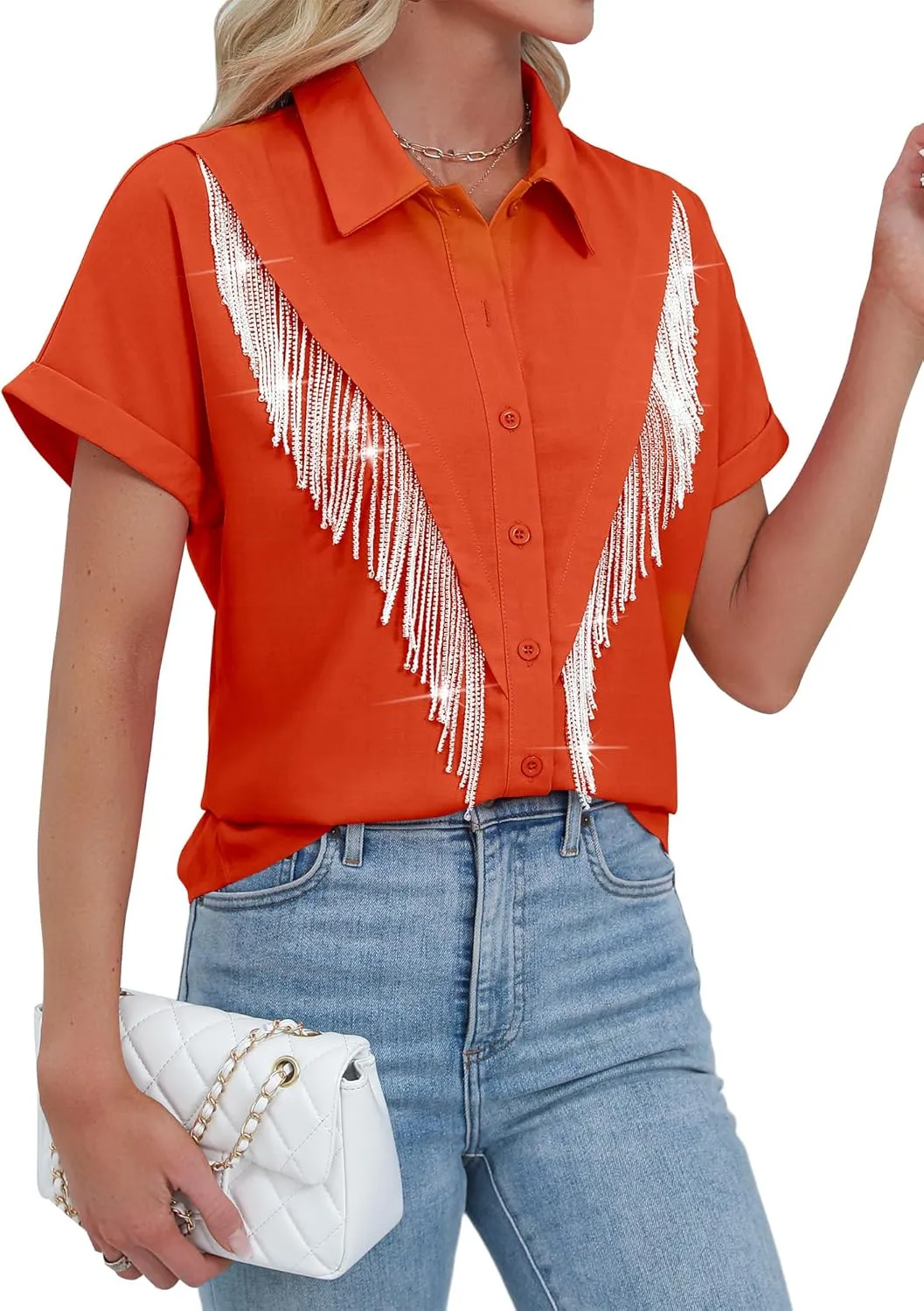 MYMORE Women's Western Cowgirl Rhinestone Fringe Button Down Shirt Rolled Cuffed Short Sleeve Shirt Country Concert Outfit