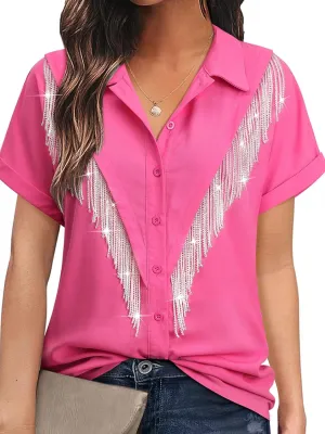 MYMORE Women's Western Cowgirl Rhinestone Fringe Button Down Shirt Rolled Cuffed Short Sleeve Shirt Country Concert Outfit