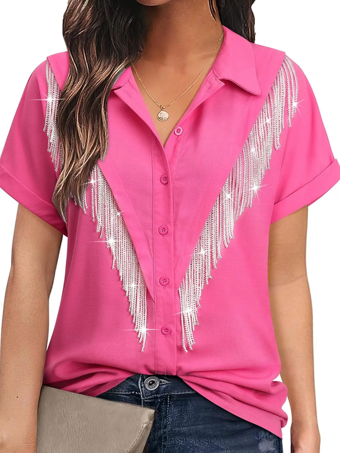 MYMORE Women's Western Cowgirl Rhinestone Fringe Button Down Shirt Rolled Cuffed Short Sleeve Shirt Country Concert Outfit