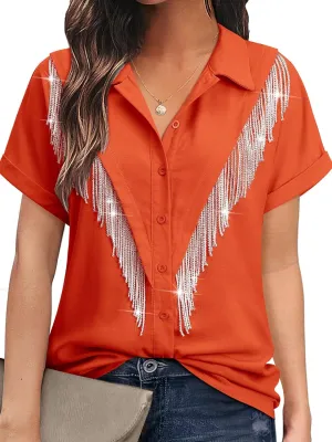 MYMORE Women's Western Cowgirl Rhinestone Fringe Button Down Shirt Rolled Cuffed Short Sleeve Shirt Country Concert Outfit