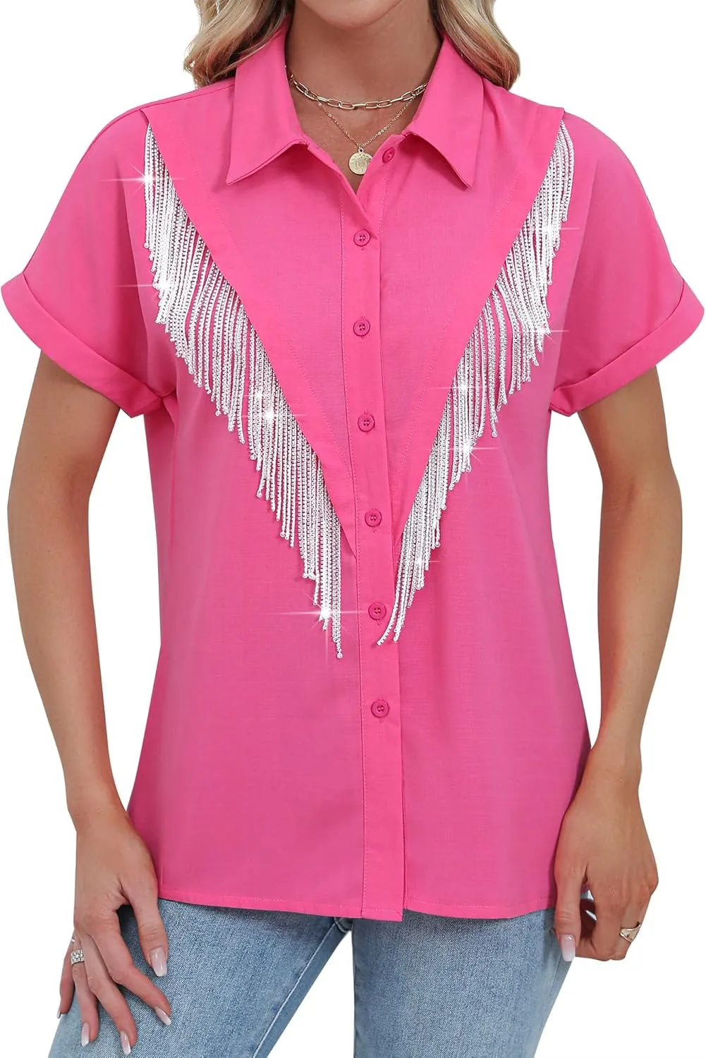 MYMORE Women's Western Cowgirl Rhinestone Fringe Button Down Shirt Rolled Cuffed Short Sleeve Shirt Country Concert Outfit