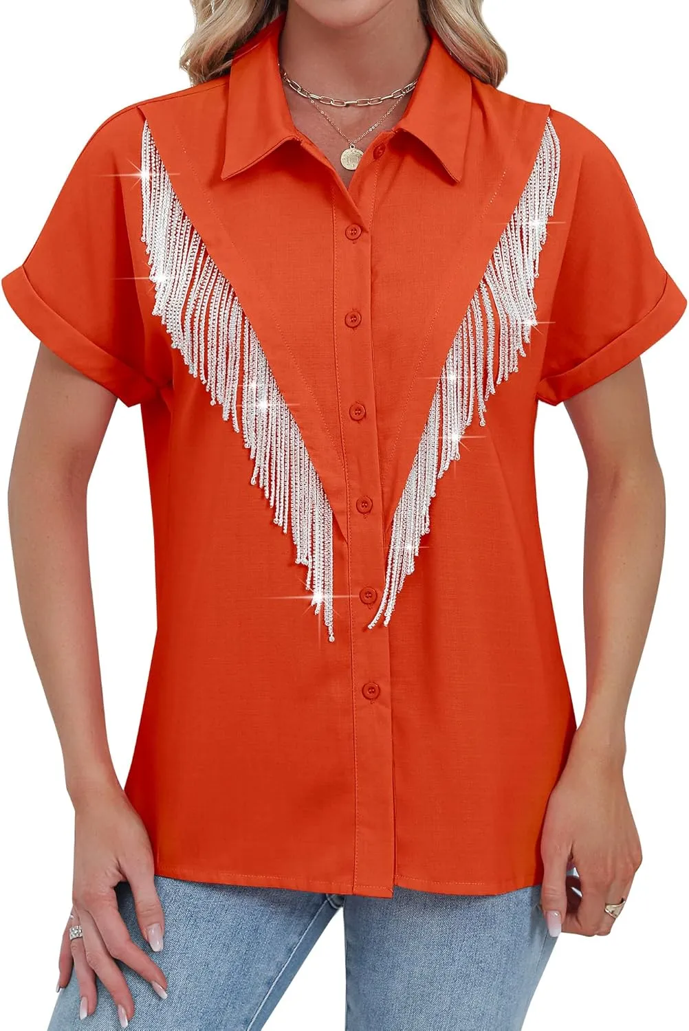 MYMORE Women's Western Cowgirl Rhinestone Fringe Button Down Shirt Rolled Cuffed Short Sleeve Shirt Country Concert Outfit