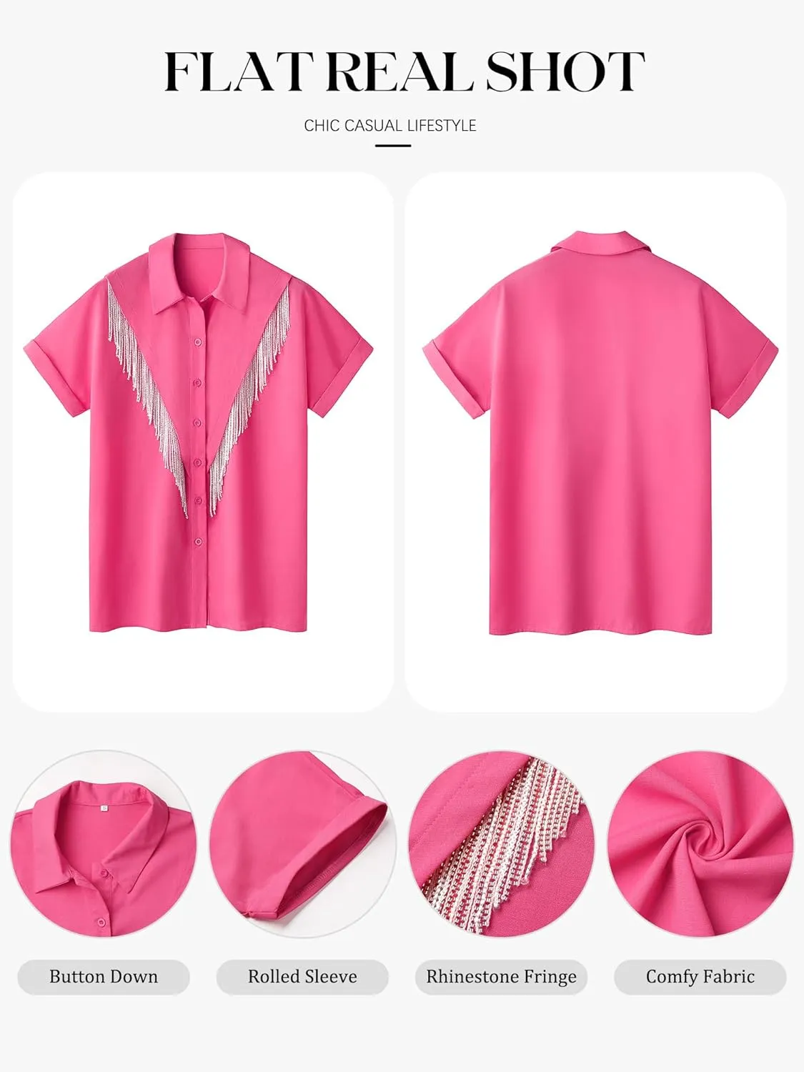 MYMORE Women's Western Cowgirl Rhinestone Fringe Button Down Shirt Rolled Cuffed Short Sleeve Shirt Country Concert Outfit
